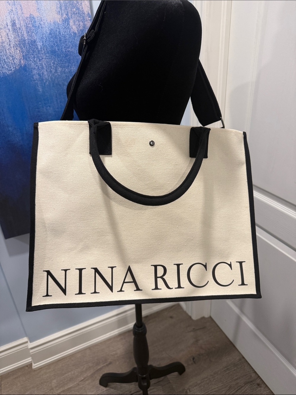 Nina Ricci Cream and Black Logo Canvas Tote